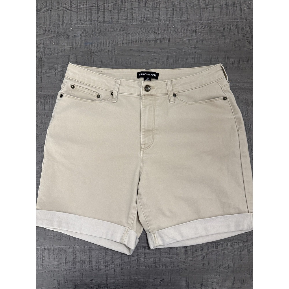 DKNY JEANS Chino Tan Mid Thigh Shorts Roll Cuff Size Women 10 Stretch Comfy